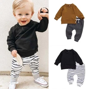 Neugeborenes Baby Jungen Jogginganzug Langarm Kleidung Set Tops gestreifte Hosen Outfits - Bild 1 von 9