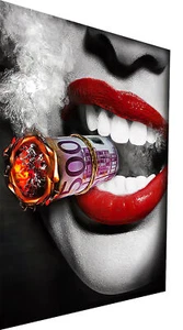 Leinwand Frau Geld rote Lippen Rauch Bilder Wandbilder - Hochwertiger Kunstdruck - Bild 1 von 10