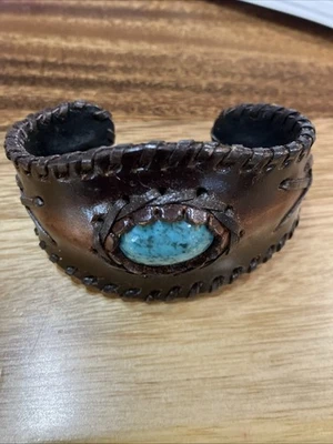 A hand made artisan bohemian thick cuff leather bracelet with Blue turquoise - Image 1 of 4