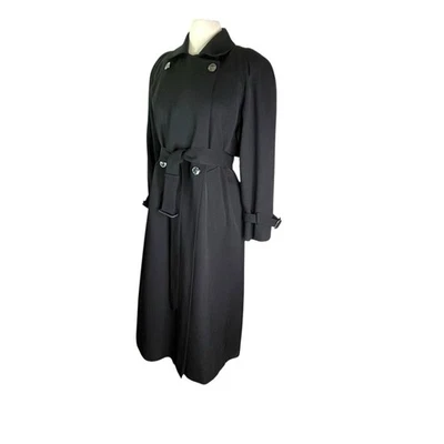 Vintage 90s Jones NY USA Black 100% Wool Trench Coat Jacket Belted Size 6 Petite - Image 1 of 4