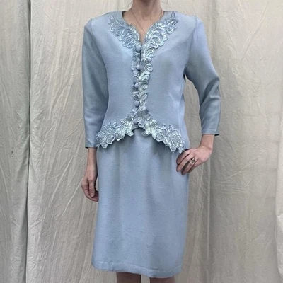 Conjunto de falda y chaqueta con lentejuelas azul polvo Shantung vintage años 80 talla S/M Zeeba NY Foto 1 de 4