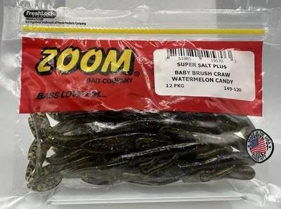 Zoom Señuelos de Pesca Bebé Cepillo Craw, 4 Pulgadas 12/Paquete, Sandía Caramelo Bass Love Em Foto 1 de 2