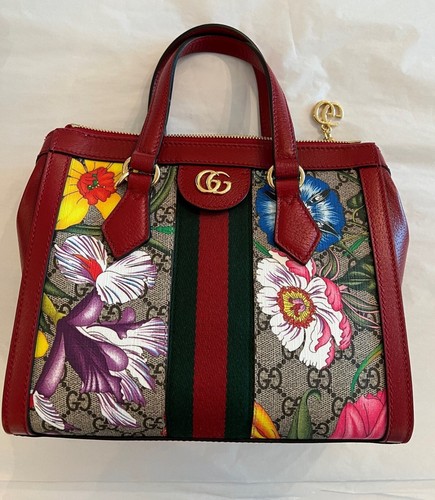 Borsa Gucci Ophidia rossa floreale piccola tote pelle tela fiori borsetta Italia NUOVA