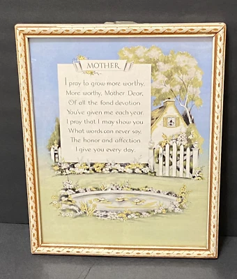 Vintage 1930s Framed Mother Poem Motto Print Carved e Glass  8.75 x 10.75 - Image 1 of 4