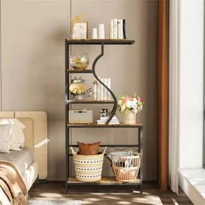 5 Tier Bookshelf Vintage Industrial Bookcase Display Rack Ladder Storage Shelf - Picture 1 of 16