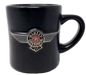 Vintage Harley Davidson USA Matte Black Coffee Mug Cup 3D Silver Wing Star Logo - Picture 1 of 9