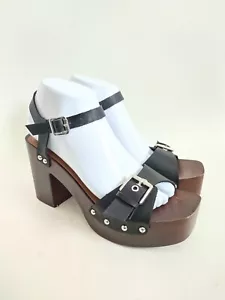 Madden Girl Size 8 Disc Studded Black Wooden Block Chunky Heels Open Toe Sandals - Picture 1 of 10