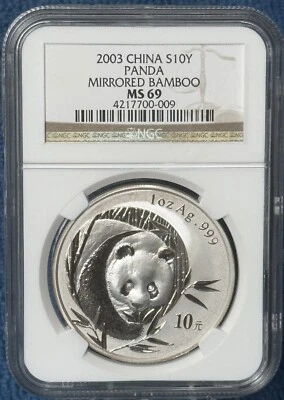 2003 China mirrored Bamboo Silver Panda 10 Yuan Coin 1oz NGC Graded MS69 Rare - Image 1 of 2