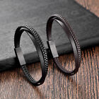 Men's Leather Bracelet Black Wristband Stainless Steel Clasp Jewellery Gift New