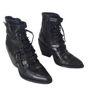 Mollini Size 37 Black Leather Point Toe Lace Up Buckle Zip Ankle Maliyah Boots - Picture 1 of 14