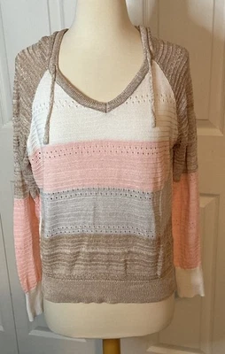 White Pink Gray Tan Striped Lightweight Hoodie Sweater Size XL - Image 1 of 4