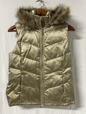 Style And Co Metallic Gold Puffer Hooded Vest / Faux Fur Trim Hood Sz Med - Image 1 of 4
