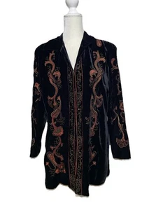 Kimono giacca lunga velluto nero ricamato grande Coldwater Creek taglia LP - Foto 1 di 11