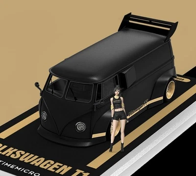 VW Volkswagen T1 Bus - Widebody + Figur  - black / gold - Time Micro 1:64 - Immagine 1 di 4