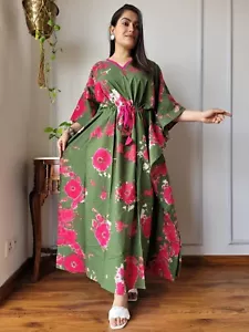 Indian Hand Printed Pure Cotton Caftan Night Wear Kaftan Women Hippie Maxi Dress - Picture 1 of 3