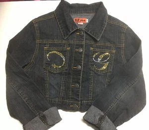 Hip Jeans Womens Juniors Jean Jacket Embellished Dark Gold Thread Short Size 11 - Picture 1 of 10