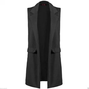 LADIES WOMANS SLEEVELESS PLUS SIZE CREPE OPEN LONG WAISTCOAT POCKET TOP JACKET - Picture 1 of 10