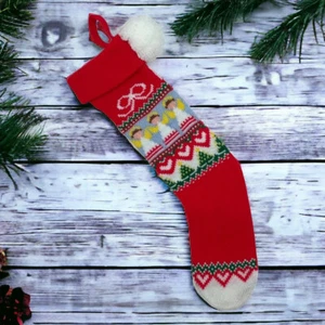Vintage Hallmark Knit Christmas Stocking Red Angels Pompom Double Sided 1983 - Picture 1 of 6