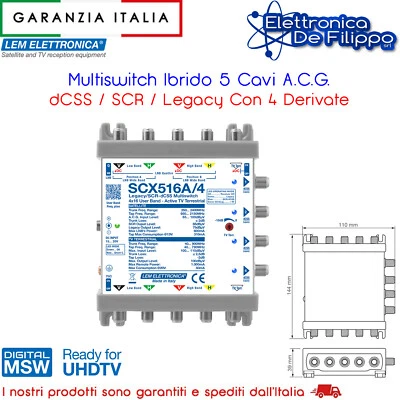 Multiswitch Ibrido 5 Cavi A.C.G. dCSS / SCR / Legacy Con 4 Derivate - Immagine 1 di 2