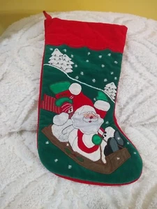 L'Art De Chine Christmas Stocking Santa Sledding Snow Trees Embellished 18" - Picture 1 of 6