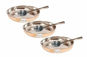 Steel Copper Dessert Serving Halwa Plate with Spoon Set, 150 ML, Set of 3 - Picture 1 of 3