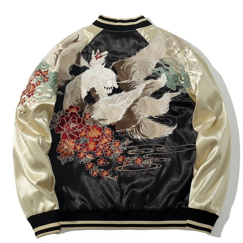 Mens Souvenir Jacket Sukajan Japanese Pattern Embroidery Myth 9 tail Fox Unisex - Image 1 of 4