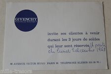 Ancien CARTON d'INVITATION 1968 GIVENCHY Nouvelle Boutique - Avenue Victor Hugo