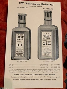 Vintage 1930’s F & W SEWING MACHINE BEST SPERM OIL Advertising Sign/Ad - Picture 1 of 4