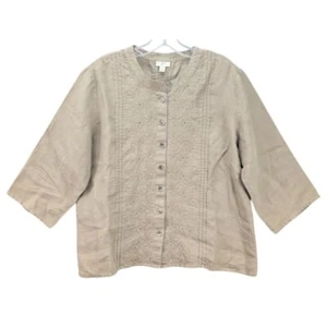 J.Jill Blouse Womens Linen Embroidered Button Front Top Boho 3/4 Sleeve Size M - Picture 1 of 9