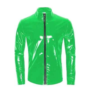 Men Moto Zipper Jacket Tops Glossy PVC Leather Jacket Outdoor Golf Coat Costumes - Picture 1 of 23