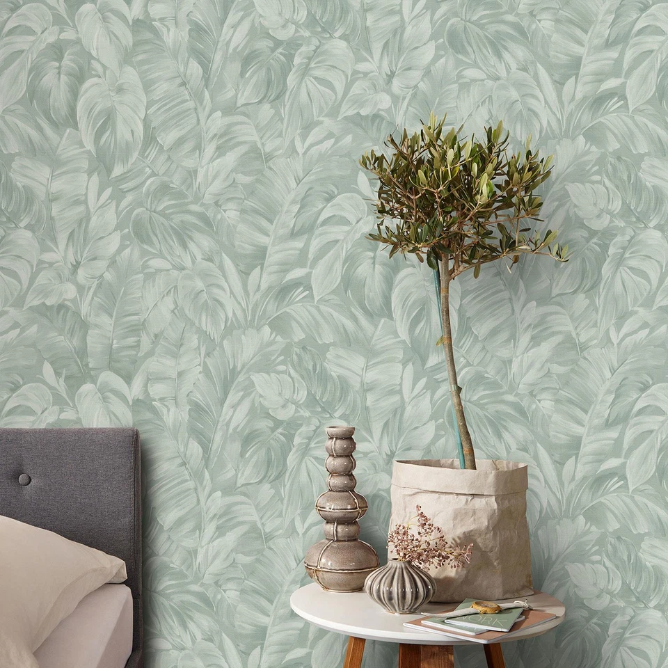 Erismann Palm Leaf Wallpaper Tropical Leaves Textured Vinyl Sage Green 10416-07