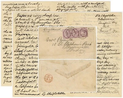 1893 LETTER from SHIP HMS ROYAL ARTHUR to PRINGLE re LIFE in CHILE RAILWAYS etc - Image 1 of 4