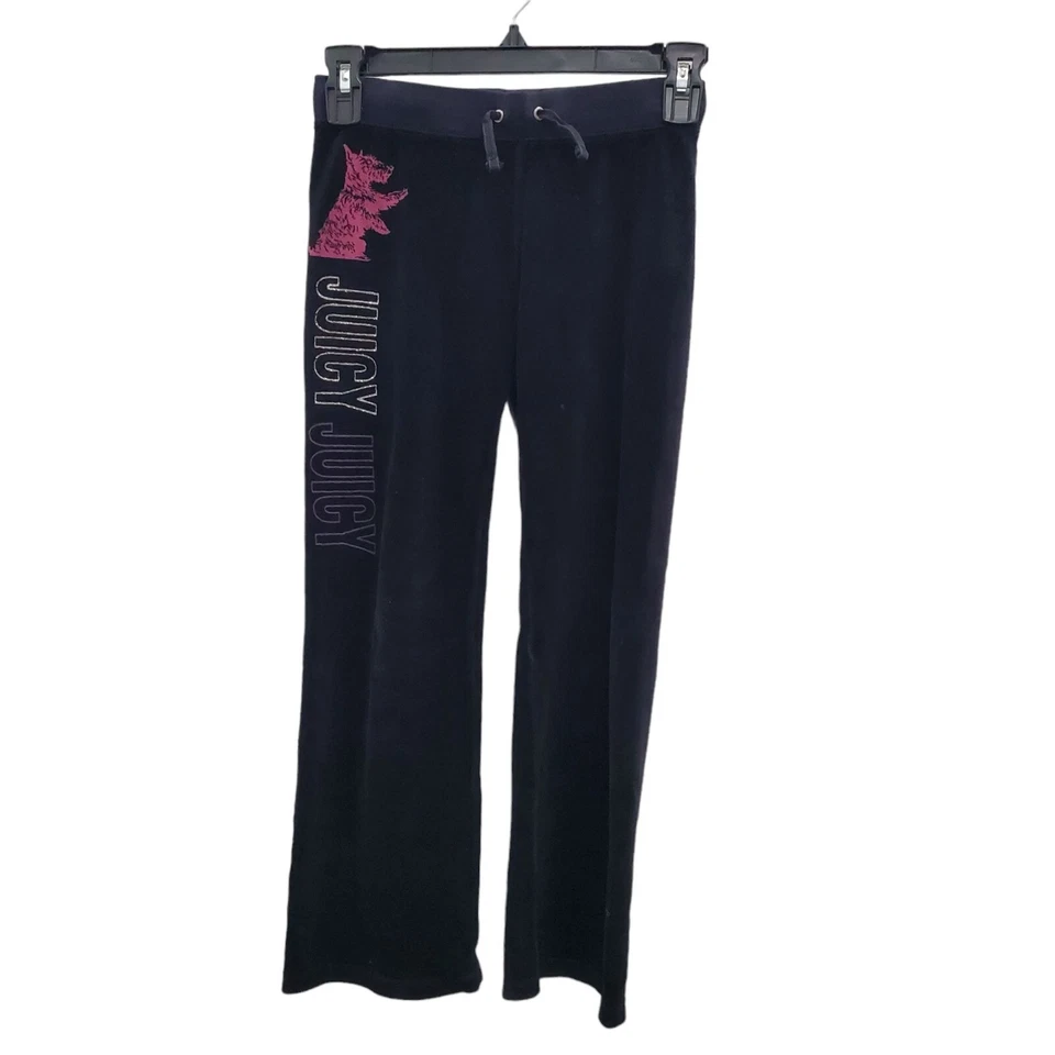 Juicy Couture Girl's Y2K Black Glitter Spell Out Dog Print Velour Track Pants 7 - Image 1 of 4