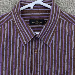 Bugatchi Uomo Button Up Shirt Mens XXL 2XL Long Sleeve Brown Purple Stripe - Picture 1 of 12
