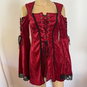 Vtg 90s LIP SERVICE Red Velvet Bell Sleeve Lace Up Corset Top Witch Whimsygoth S - Picture 1 of 15