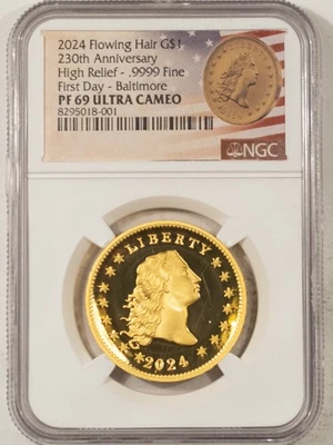 2024 230TH CABELLO SUELTO ALTO RELIEVE DORADO $1 NGC PF69 UCAM PRIMER DÍA - BALTIMORE Foto 1 de 3