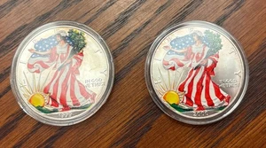 1999 And 2000 Us Silver Dollar Walking Liberty Painted 1 Oz Silver In Case - Picture 1 of 2