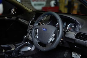 Retro Ford/FPV FG Falcon Steering Wheel Black Leather White Stitch Flat Bottom - Picture 1 of 7