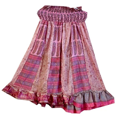 Silk Sari NO lining Smocked Waist Light Weight Frilled Hemline Skirt L-34" - Image 1 of 2