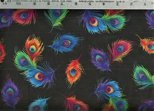 TT ~ Bright Colorful Peacock Feathers on Black ~ 100% Cotton Quilt Fabric BTY - Picture 1 of 1
