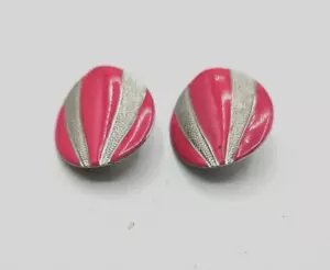 Pink Silver Stripe Clip Ons Enamel Metal Fashion Earrings Round - Picture 1 of 5