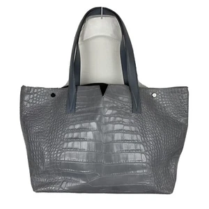 Vince Signature V Croc Embossed Leather Tote Bag Gray Blue Large Snap MSRP $845 - Picture 1 of 12