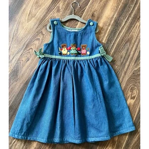 Samara Denim Dress Vintage Embroidered Bears Gingham Girls Size 6X School - Picture 1 of 4