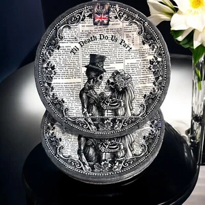Queen’s “Til Death Do Us Part” Ceramic Skeleton Couple 10” Dinner Plates (4) NEW - Picture 1 of 5