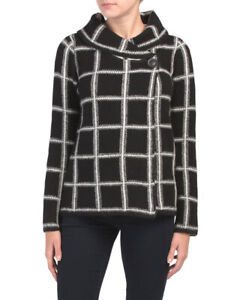 Ellen Tracy Black Plaid Cardigan Sweater Size XS White Wool-Blend Mid-Weight NEW