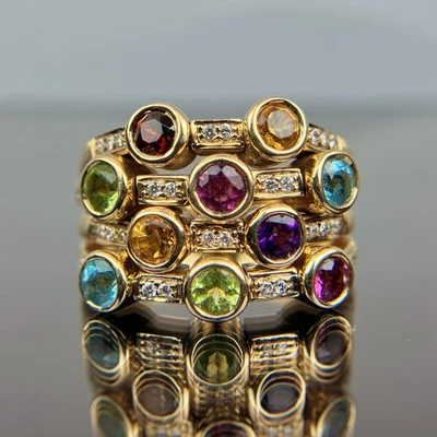 Anillo Sonia Bitton de oro amarillo de 5 filas de diamantes y múltiples piedras preciosas talla 8,5 Foto 1 de 4