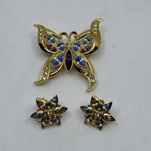 Vintage Butterfly Brooch Pin Gold Tone  Blue Pink Purple Rhinestone W/ Earrings - Picture 1 of 7