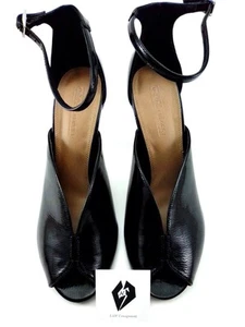 ASOS Ankle Strap Close Peep Toe Patent Leather Black 4'' Fat Cone Heels Size 7 - Picture 1 of 6