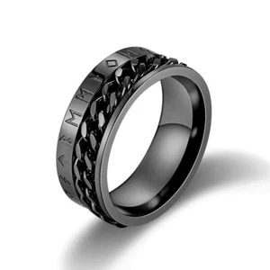 Black Viking Rune Chain Spinner Ring Stainless Steel Celtic Anti Anxiety Band 8 - Picture 1 of 3