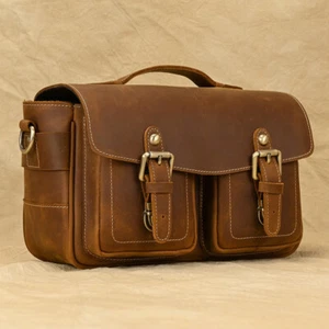 Borsa a tracolla vera pelle per fotocamera custodia messenger per obiettivo Canon Nikon - Foto 1 di 26